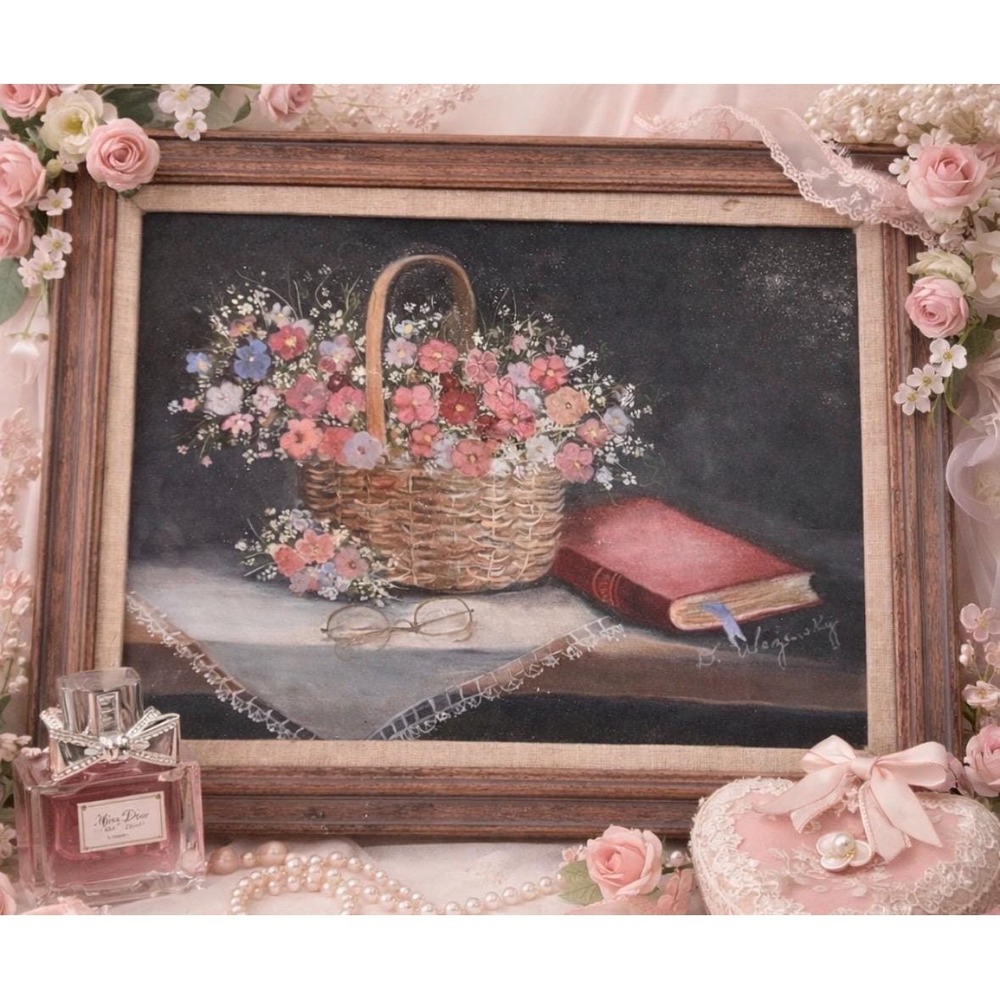 VTG Oil Painting Floral Basket 16x20 Cottage Dainty‎ Twee Feminine Grannycore